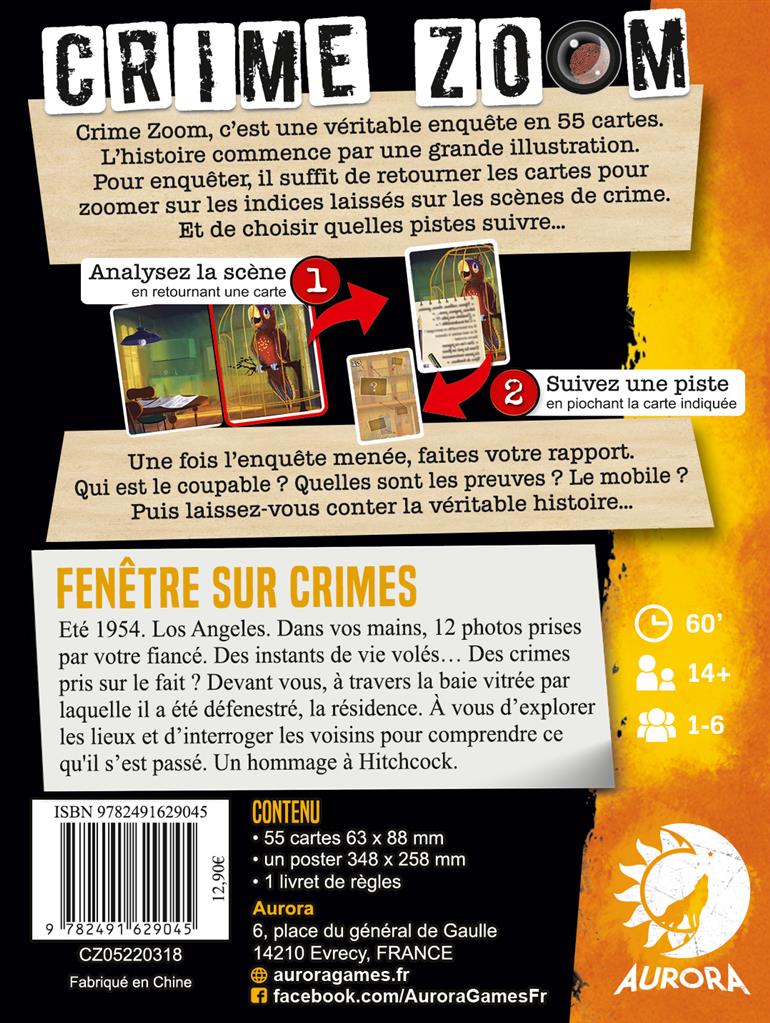 dos boite jeu Crime Zoom Fenetre sur Crimes