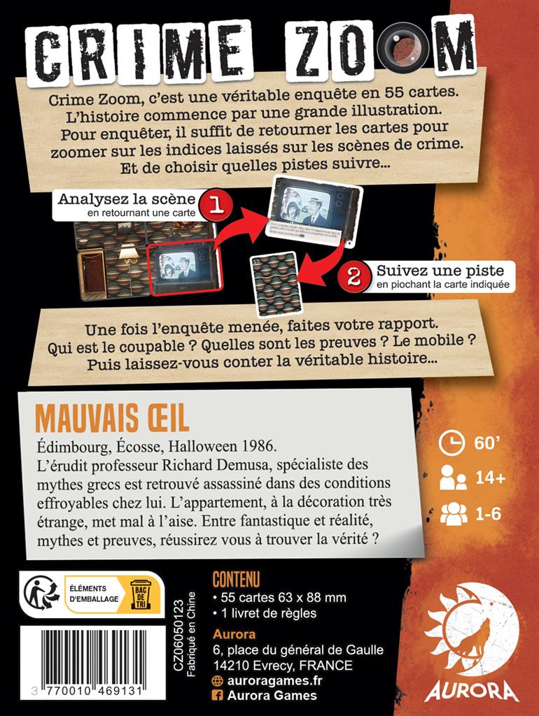 dos boite jeu Crime Zoom Mauvais Oeil