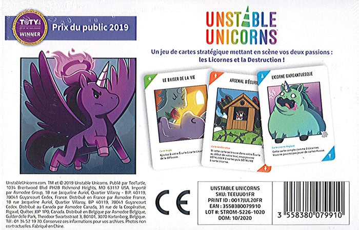 dos boite jeu Unstable Unicorns